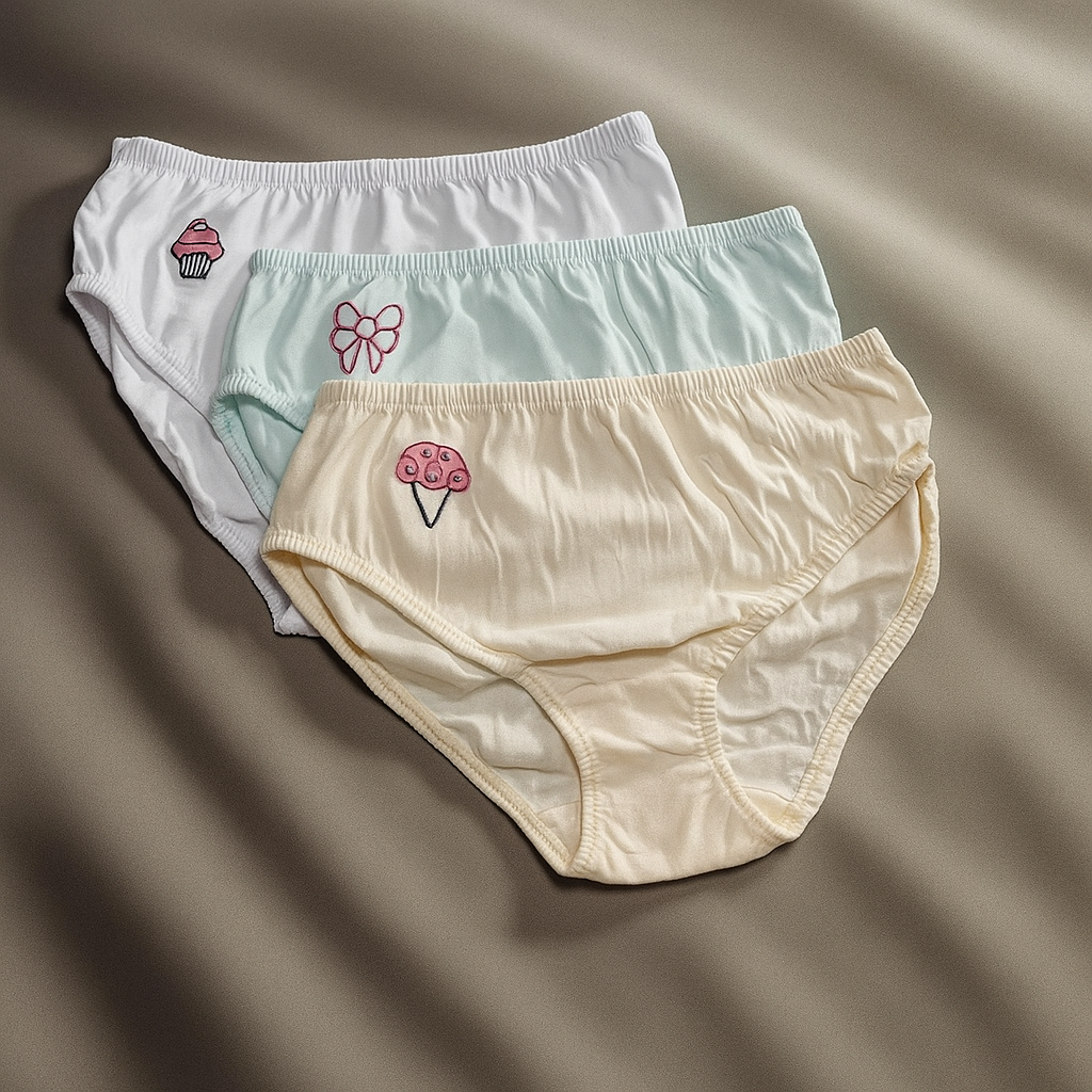 Three pairs of women's underwear with decorative elements on a brown background