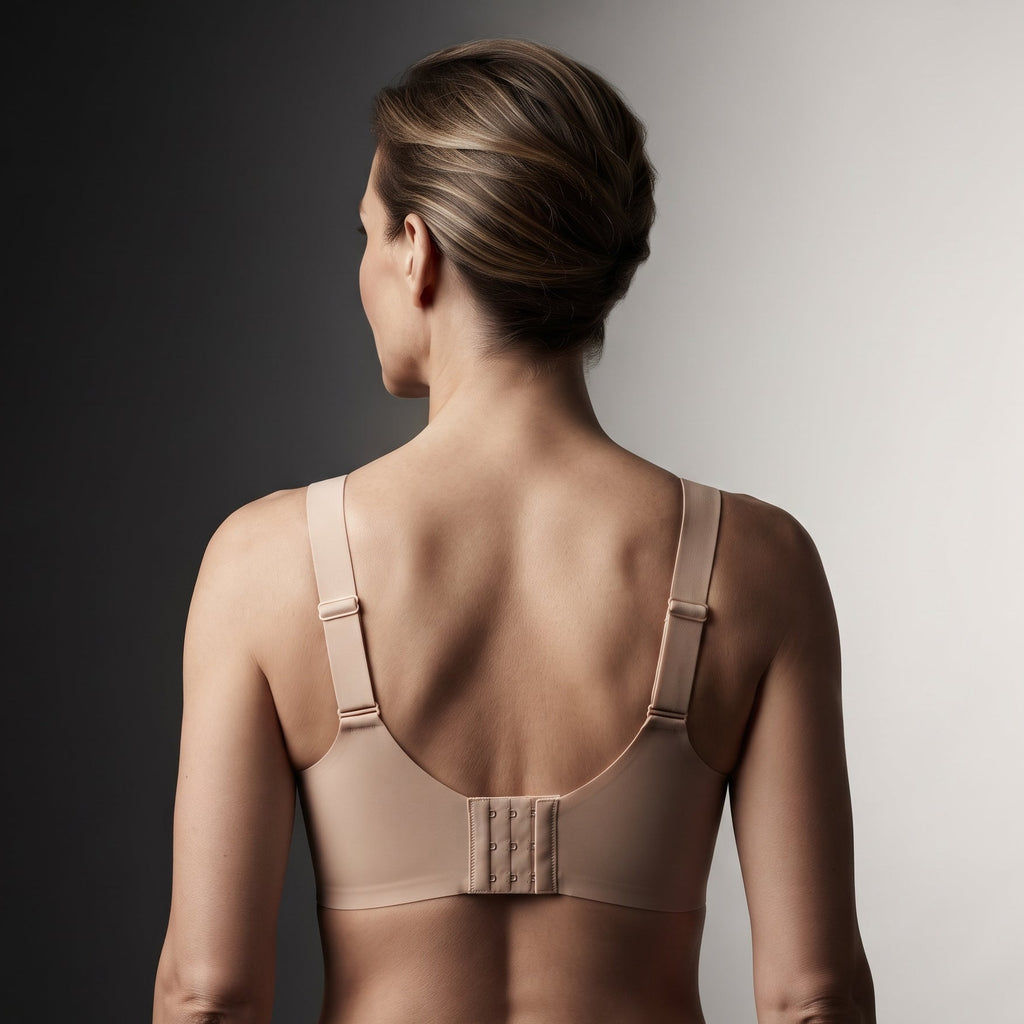 A woman shown from the back wearing a beige wireless bra with adjustable shoulder straps and a central hook-and-eye closure, photographed against a dark-to-light gray gradient studio background.