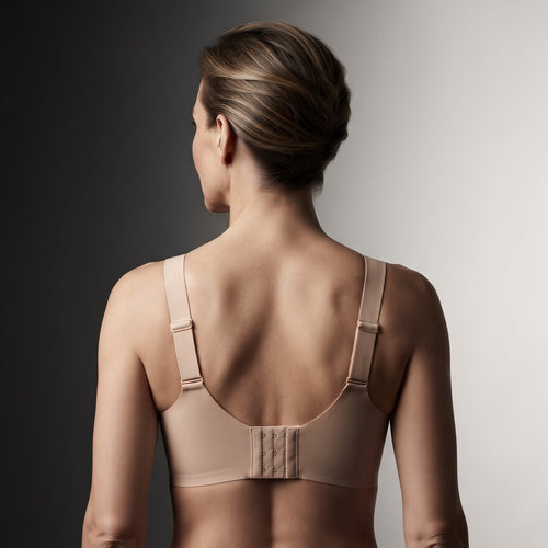 A woman shown from the back wearing a beige wireless bra with adjustable shoulder straps and a central hook-and-eye closure, photographed against a dark-to-light gray gradient studio background.