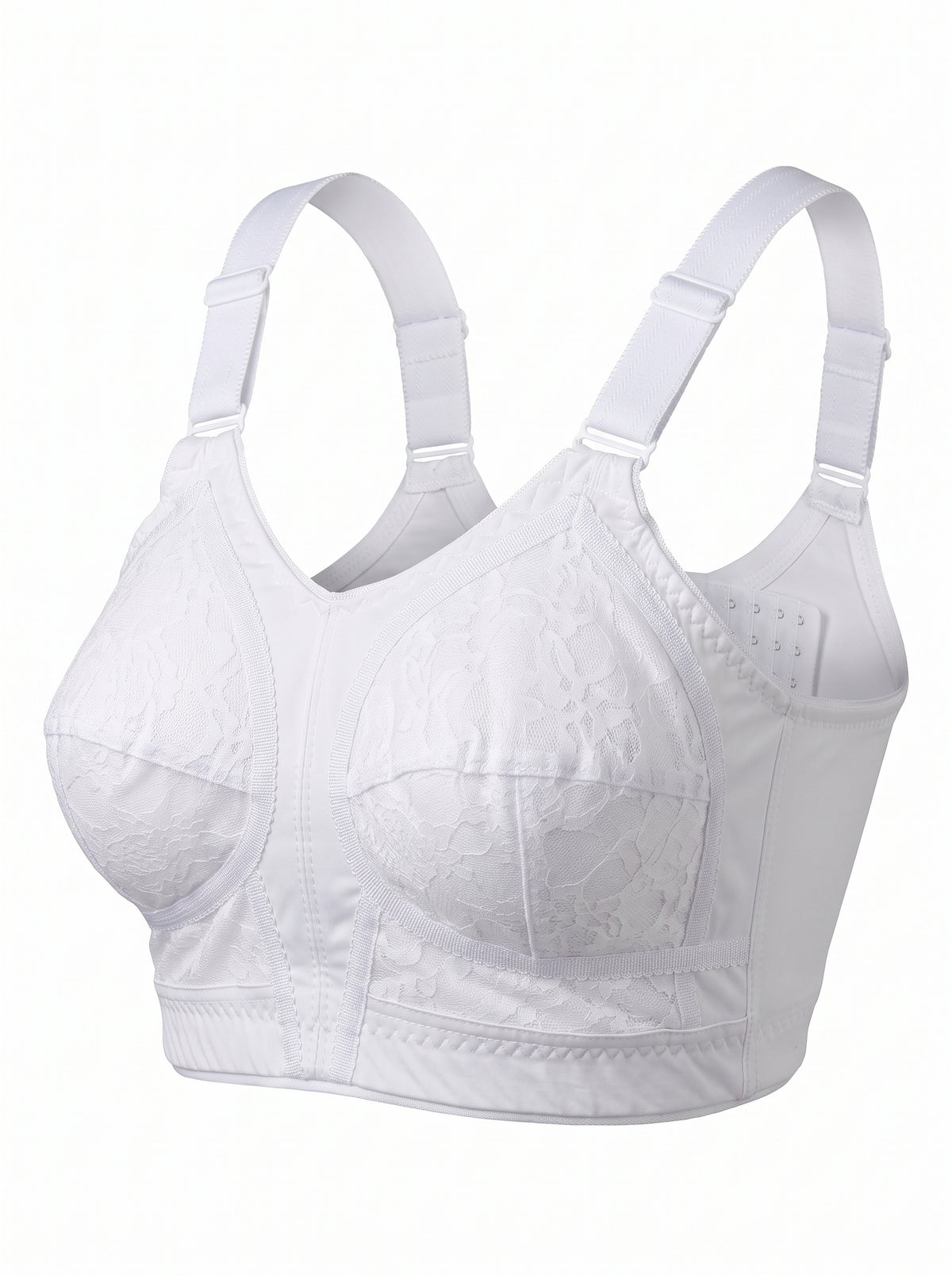 White wireless underwire bra with adjustable shoulder straps and a subtle lace pattern on the cups, shown against a plain white background.