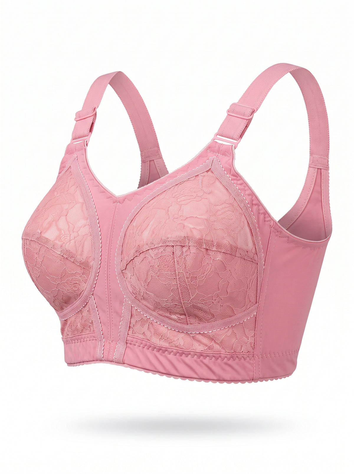 A pink wireless underwire bra with floral lace cups and adjustable shoulder straps, shown on a clean white background.