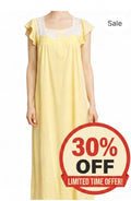 A pale yellow nightgown or long sleep dress shown on a cropped female model against a white background, with sale text and a large red '30% OFF' badge overlaid. Arabic and English pricing text appears at the bottom.