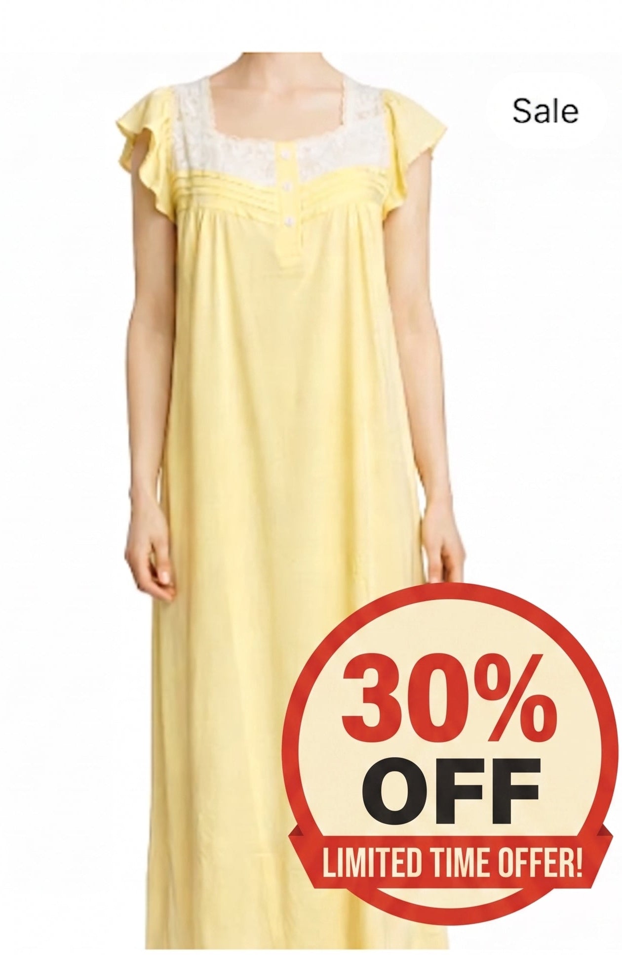 A pale yellow nightgown or long sleep dress shown on a cropped female model against a white background, with sale text and a large red '30% OFF' badge overlaid. Arabic and English pricing text appears at the bottom.